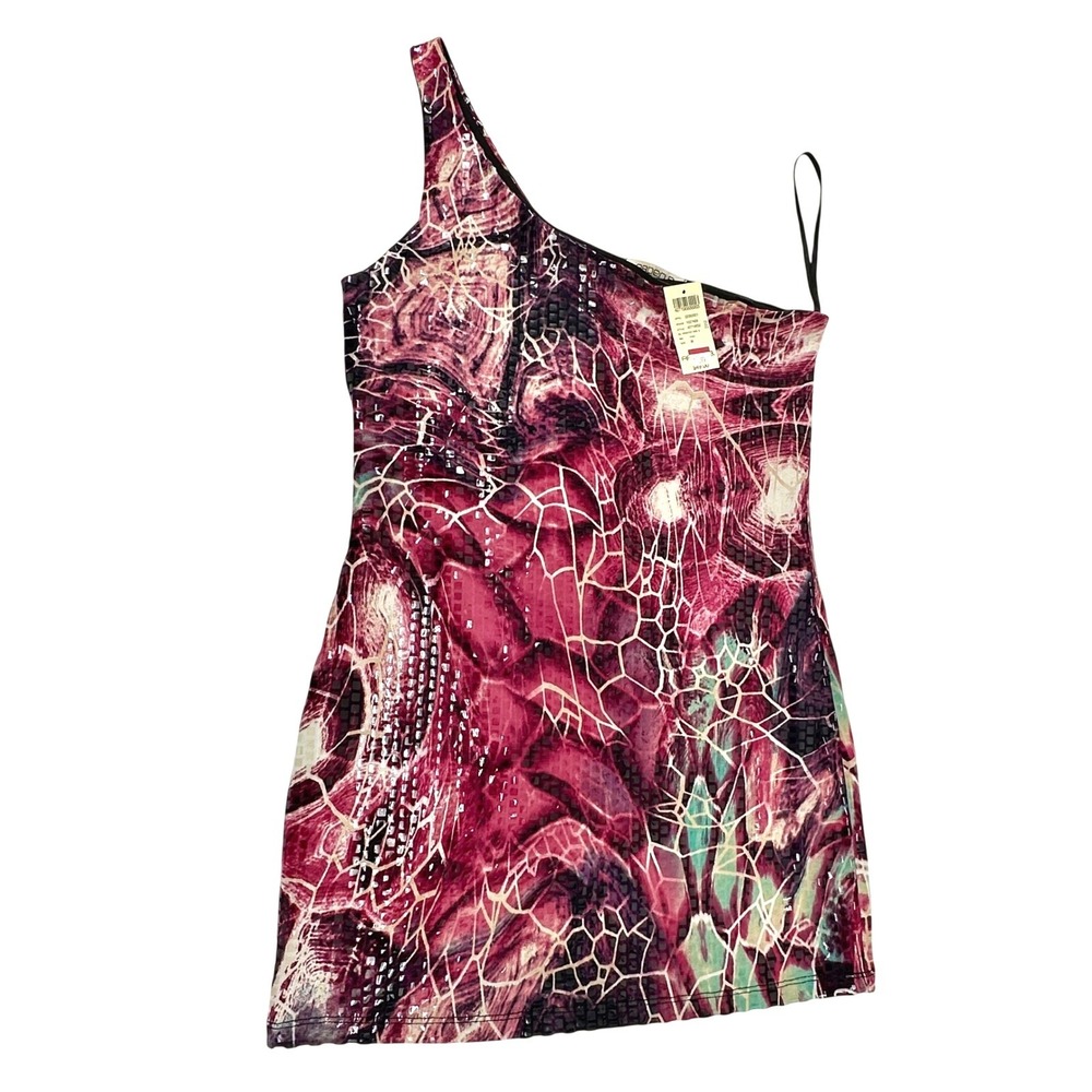Arden B One Shoulder Mini Dress Women M Pink Abstract Foil Print Slim Y2K NWT